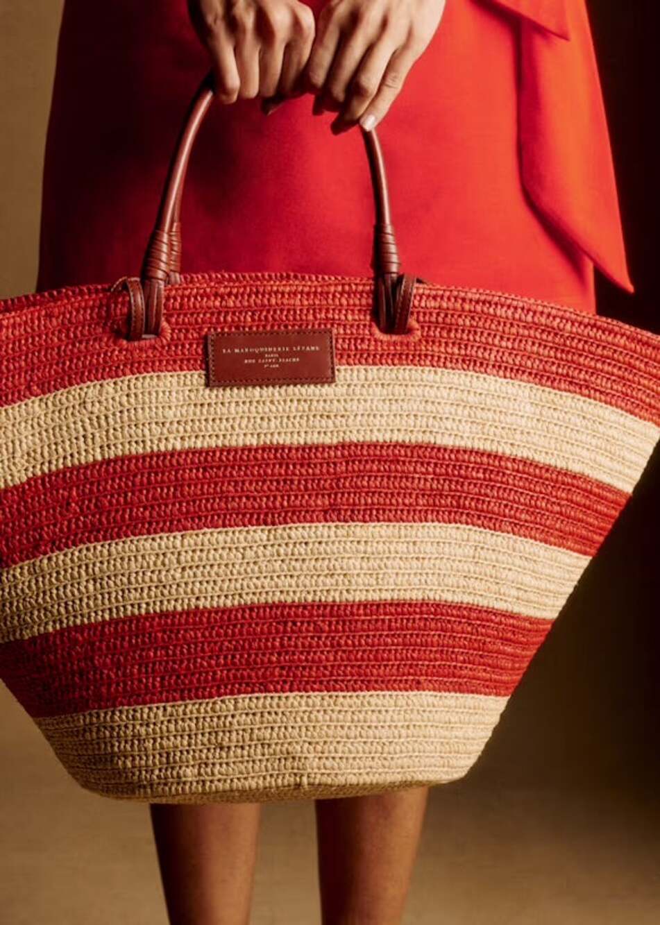 Sezane Justine Maxi Basket Bag Raffia with Coral Stripes